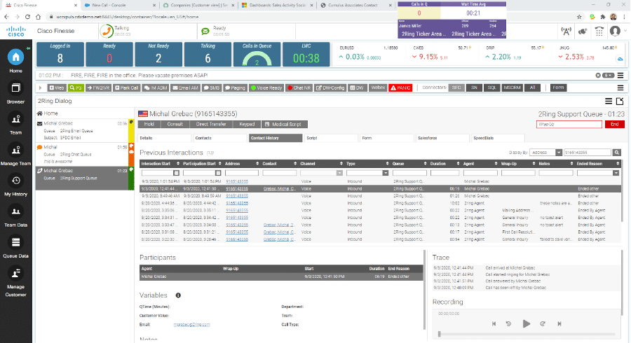 2Ring - Cisco Finess 12.5 with 2ring gadgets for Cisco Finesse 5.1 - the agent is currently working on a call, chat and email in 2 ring Dialog gadget